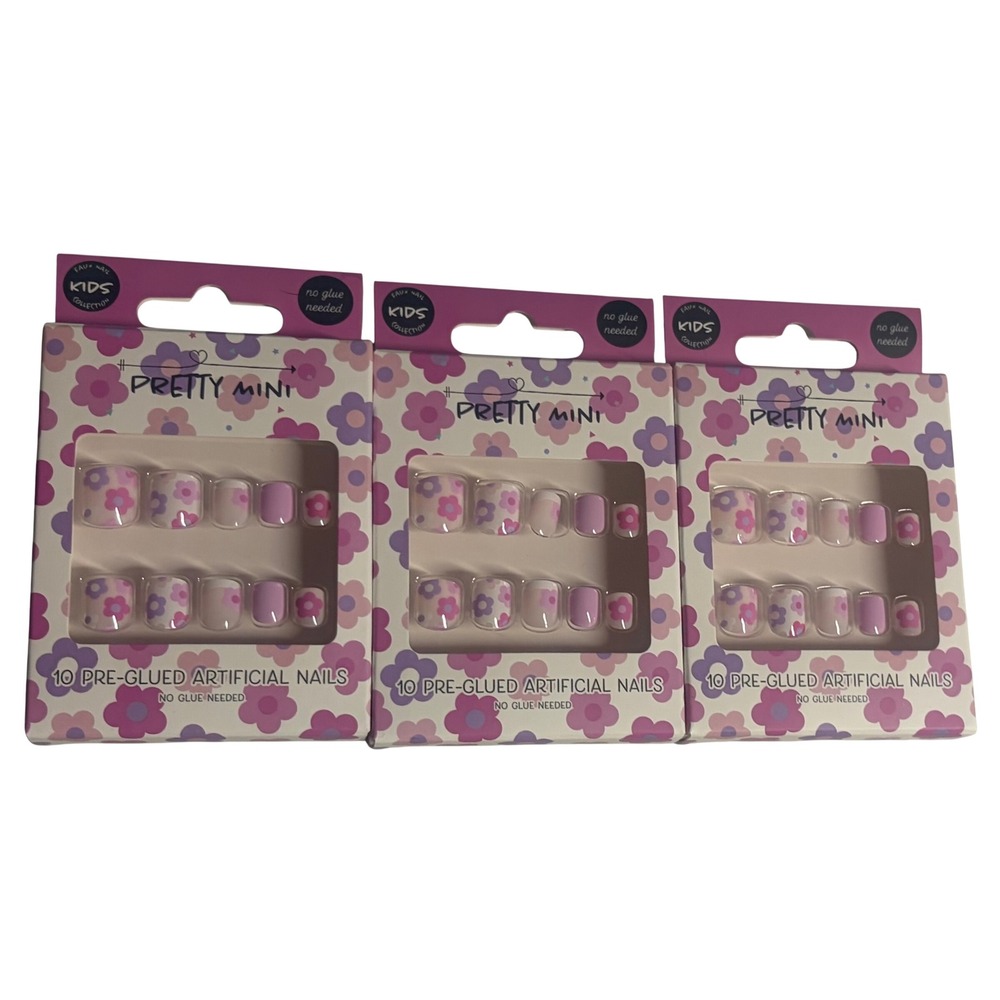 Pretty‎ Mini Kids Pre-Glued Artificial Nails 3 Packs Pink Purple Floral 30ct